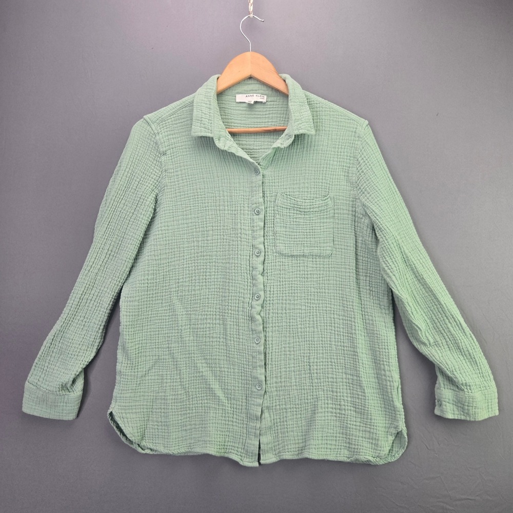 Anne Klein Jeans Button Up Shirt M Green Double Gauze Cotton Roll Tab Sleeve